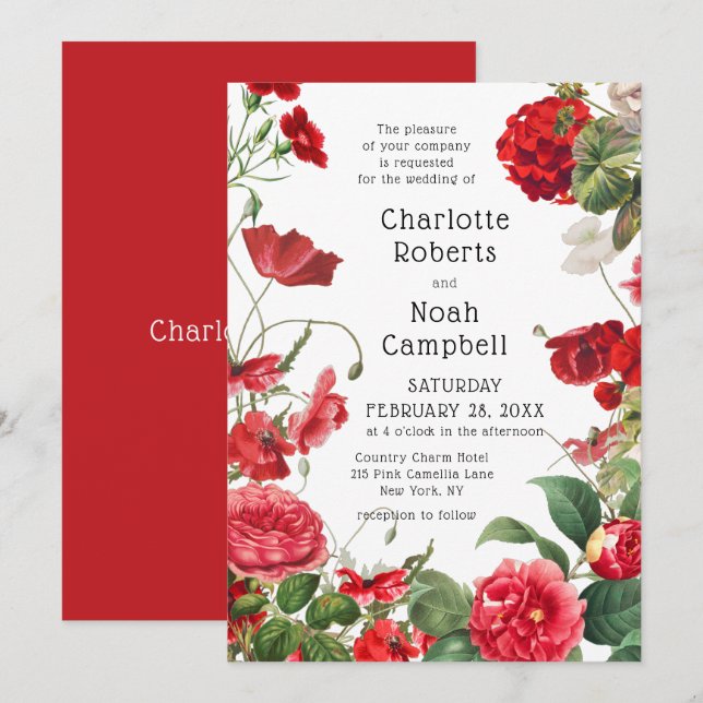 Red Camellia Country Flower Modern Floral Wedding Invitation (Front/Back)