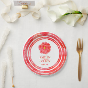 Red camellia floral wedding party plates