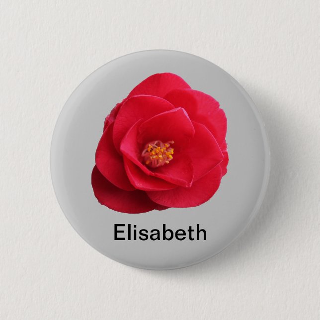 red camellia flower add your name 6 cm round badge (Front)