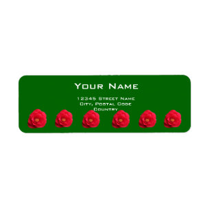 red camellia flowers green address label