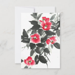 Red camellia sumie ink and watercolor painting