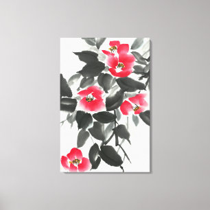 Red camellia sumie ink and watercolor painting canvas print