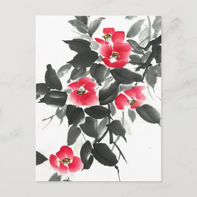 Red camellia sumie ink and watercolor painting postcard (Front)
