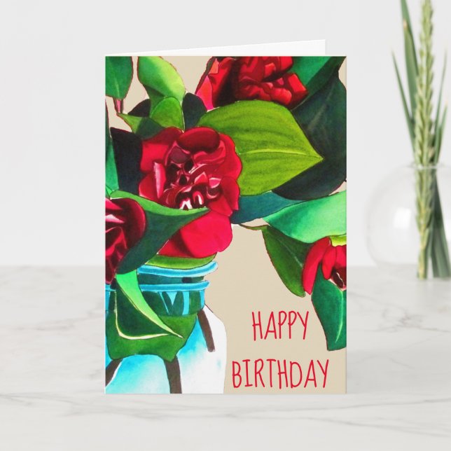 Red Camellia watercolor flower art birthday Card (Front)