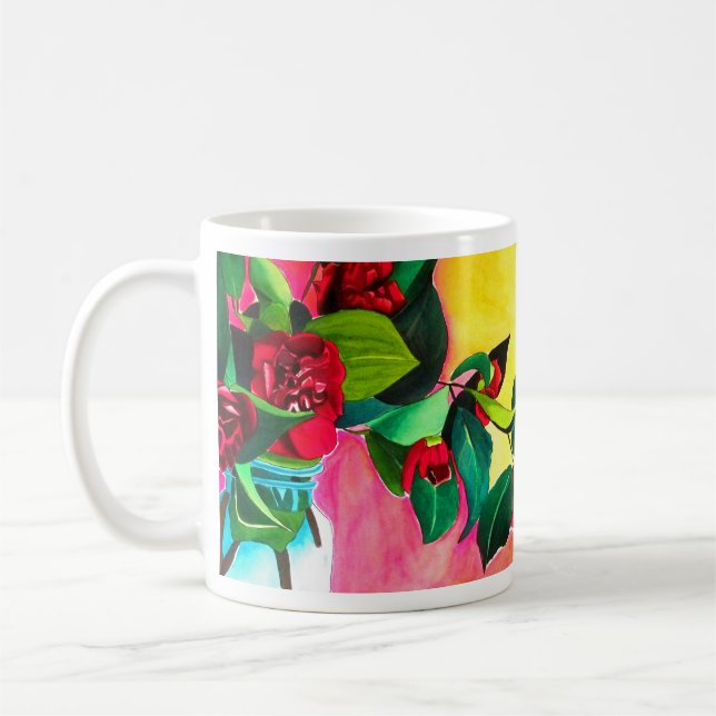 Red Camellias flower art Coffee Mug (Left)
