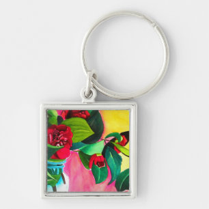 Red Camellias flower art Key Ring