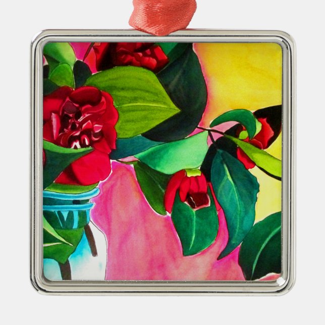 Red Camellias flower art Metal Tree Decoration (Front)