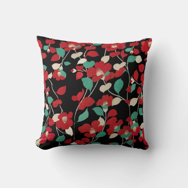 RED CAMELLIAS,WHITE GREEN LEAVES BLACK Dark Floral Cushion (Front)