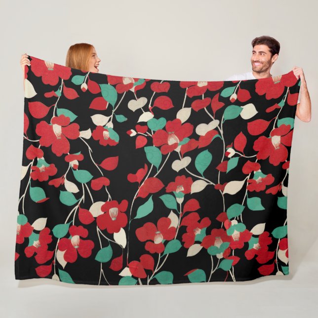 RED CAMELLIAS,WHITE GREEN LEAVES BLACK Dark Floral Fleece Blanket (In Situ)
