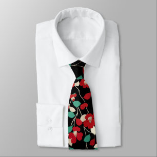 RED CAMELLIAS,WHITE GREEN LEAVES BLACK Dark Floral Tie