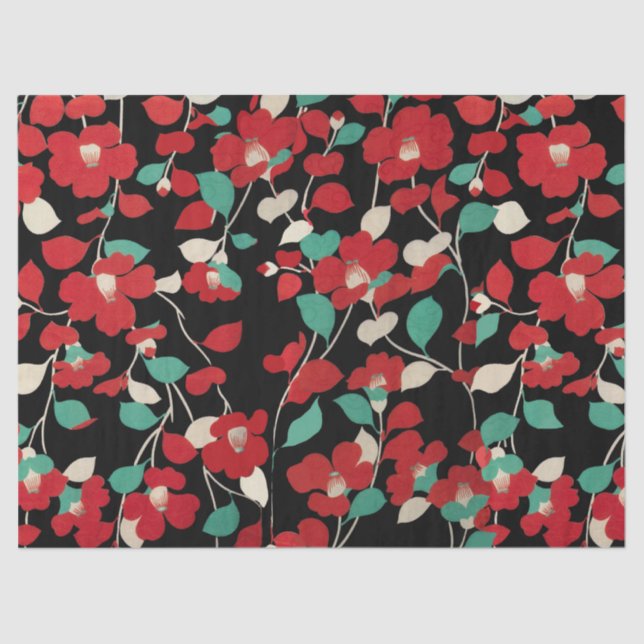 RED CAMELLIAS,WHITE GREEN LEAVES BLACK Dark Floral Tissue Paper (Front)