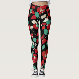 RED CAMELLIAS,WHITE GREEN LEAVES BLACK Floral Leggings