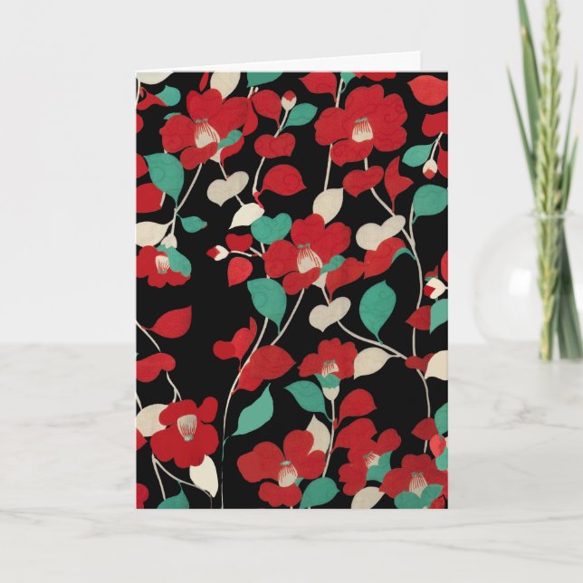 RED CAMELLIAS,WHITE GREEN LEAVES IN BLACK Floral Holiday Card (Front)