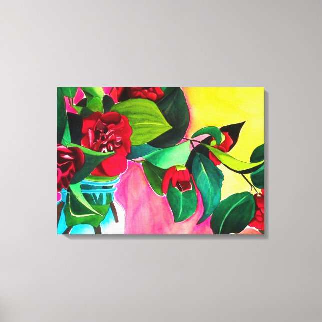 Red Camellias with green foliage watercolor flower Canvas Print (Front)