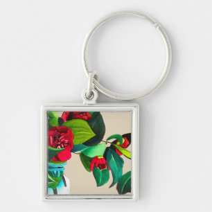 Red Camellias with green foliage watercolor flower Key Ring