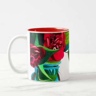 Red Camellias with green foliage watercolor flower Two-Tone Coffee Mug