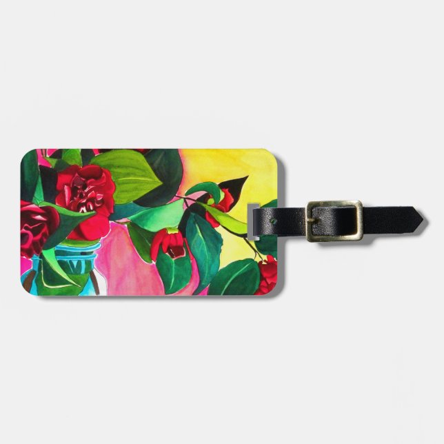 Red Camellias with green Luggage Tag (Front Horizontal)