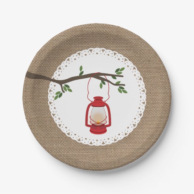 Red Camping Lantern - Burlap Inspired Paper Plate (Front)