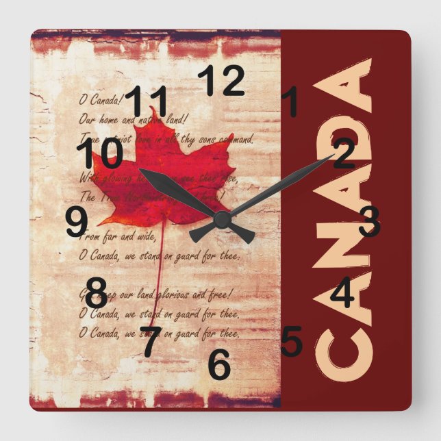 red canadian maple leaf with athem canada square wall clock (Front)