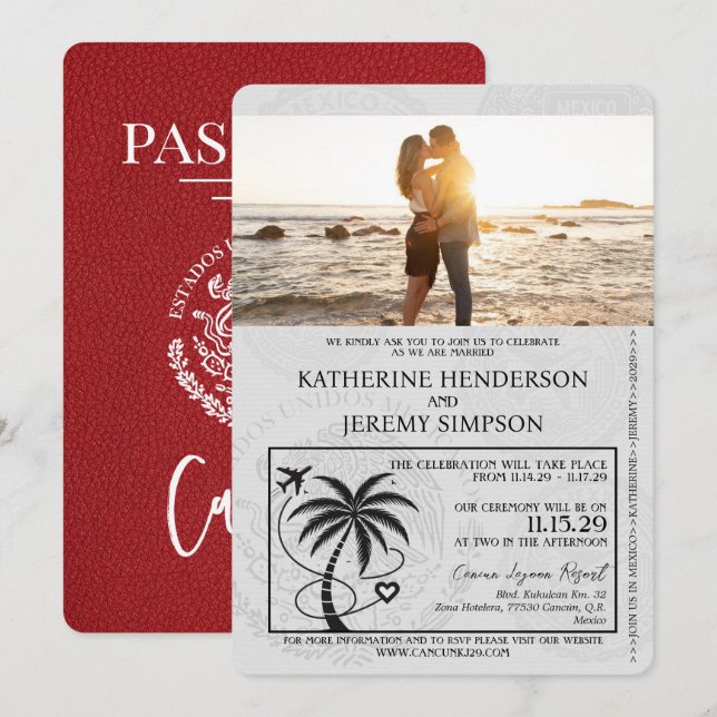 Red Cancun Passport Wedding Invitation (Front/Back)