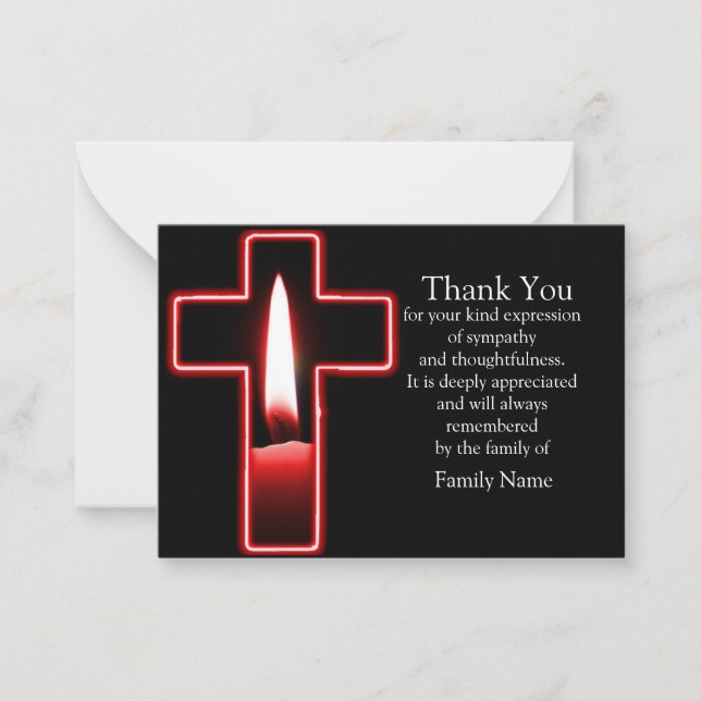 Red Candle On Cross After Funeral Thank You Card (Front)