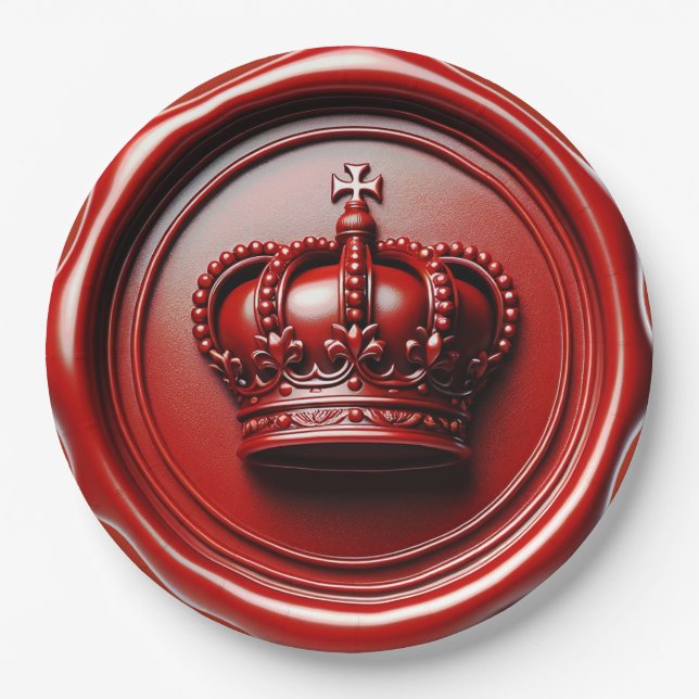 Red Candle Wax Drip Seal Royal Crown Wedding Paper Plate (Front)
