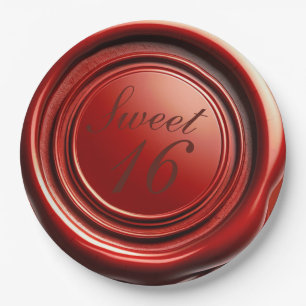 Red Candle Wax Seal Drip Sweet 16 Wedding Paper Plate