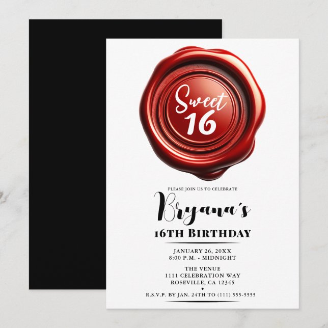Red Candle Wax Seal Elegant Classy Sweet 16 party Invitation (Front/Back)