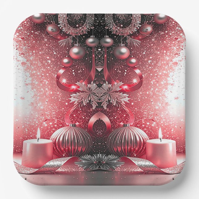 Red Candles Christmas Holiday Paper Plate (Front)