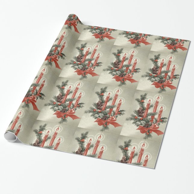 Red candles vintage Christmas custom Wrapping Paper (Unrolled)