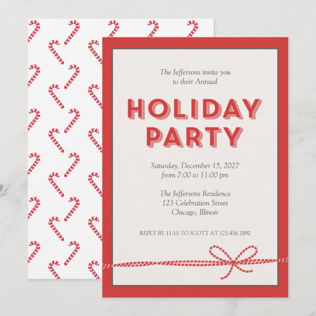 Red Candy Cane Bowstring Holiday Christmas Party Invitation (Front/Back)