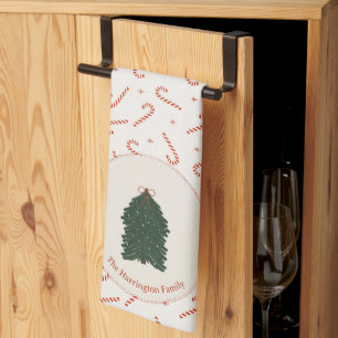 Red Candy Cane Christmas Tree Custom Family Name Tea Towel