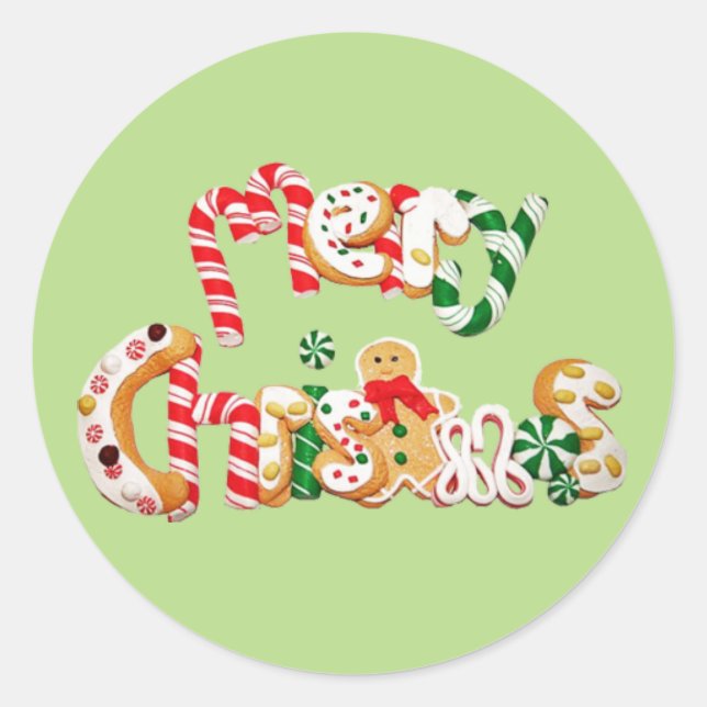 Red Candy Cane Gingerbread Cookie Merry Christmas Classic Round Sticker (Front)