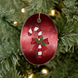 Red Candy Cane On A Red Bokeh Background Ceramic Tree Decoration