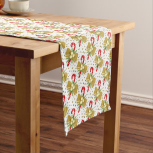 Red Candy Canes Gold Ribbons on White Christmas Short Table Runner