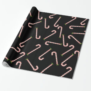 Red Candy Canes Holiday Black Pattern Wrapping Paper