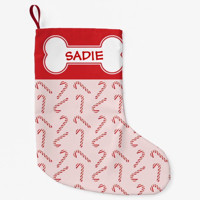 Red Candy Canes Pattern And Dog Bone With Name Small Christmas Stocking (Front)