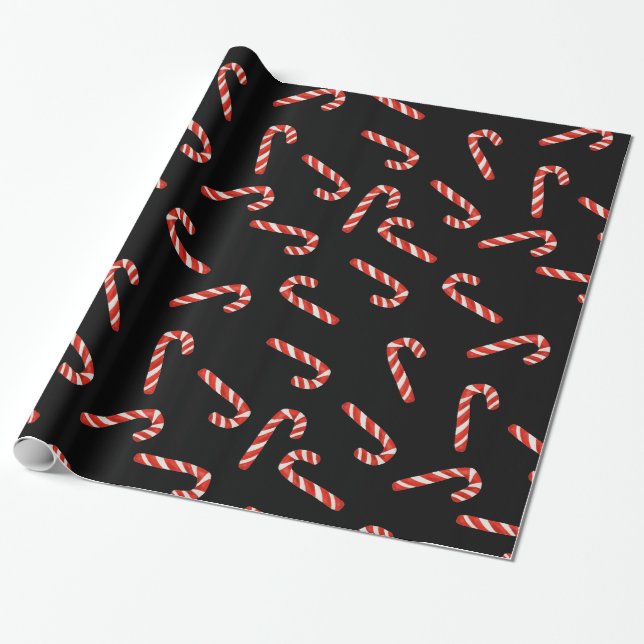 Red Candy Canes Watercolor Holiday Pattern Black Wrapping Paper (Unrolled)