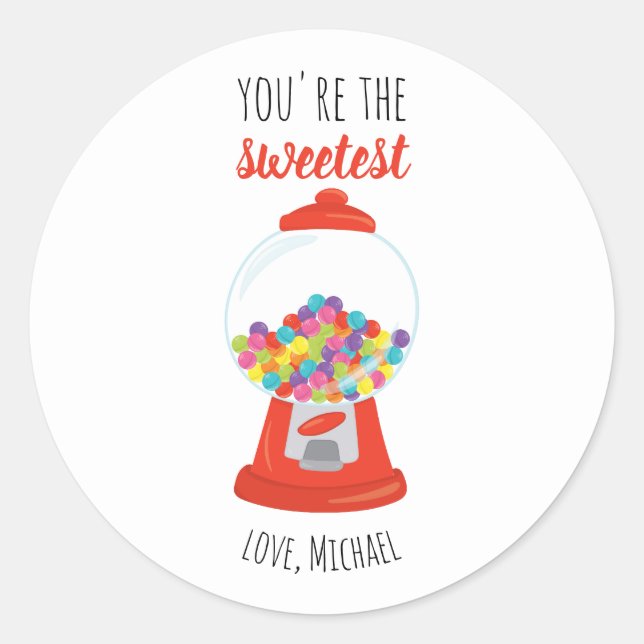 Red Candy Gumball Sweetest Valentine Classic Round Sticker (Front)