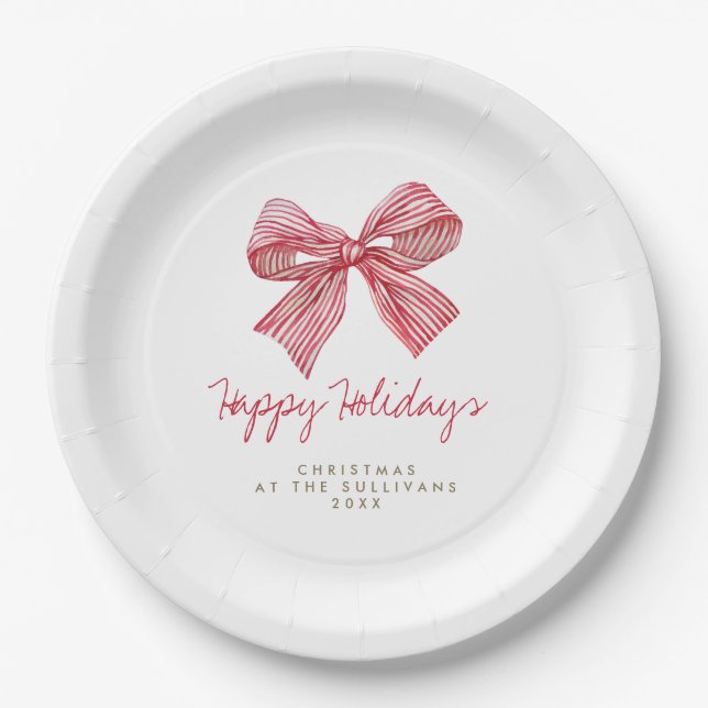 Red Candy Stripe Bow Personalised Holiday Party Paper Plate (Front)