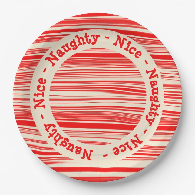 Red Candy Stripes Naughty Nice Christmas  Paper Plate (Front)