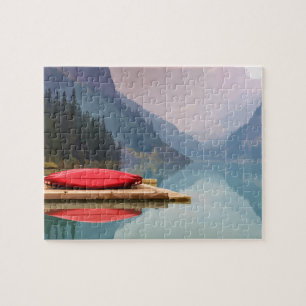 Red Canoe on Tranquil Mountain Lake Wilderness art Jigsaw Puzzle