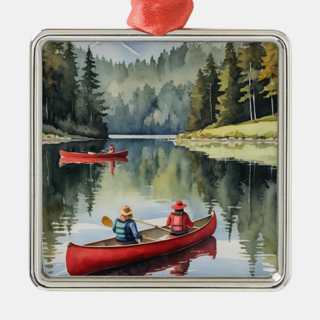 Red Canoe Wilderness Lake Camping Christmas Metal Tree Decoration (Front)