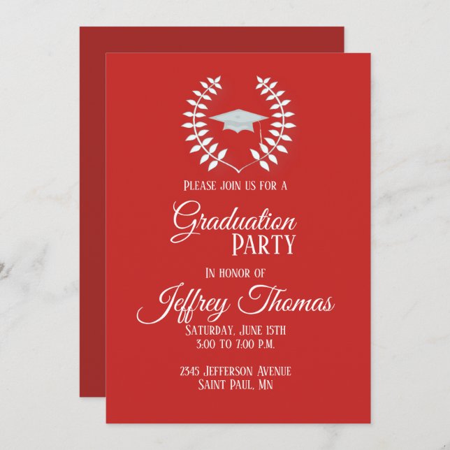 Red Cap and Leaves Grad Invitation 5" x 7" (Front/Back)
