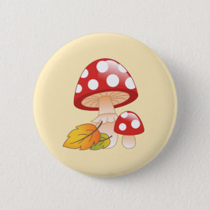Red Cap Toadstool Mushrooms and Leaves on Yellow 6 Cm Round Badge