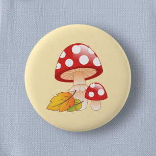 Red Cap Toadstool Mushrooms and Leaves on Yellow 6 Cm Round Badge