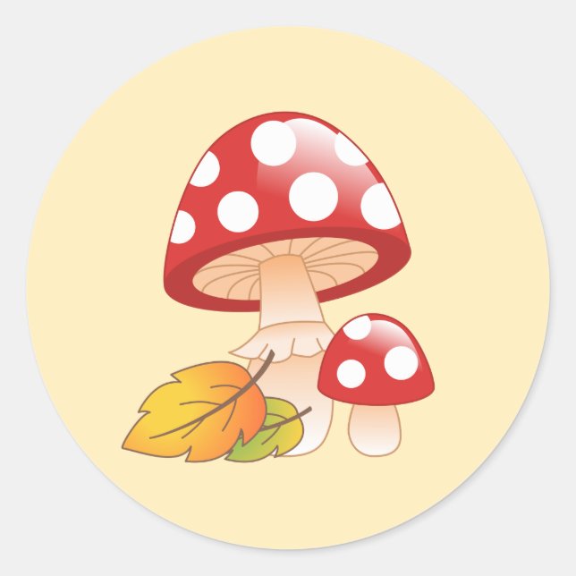 Red Cap Toadstool Mushrooms and Leaves on Yellow Classic Round Sticker (Front)