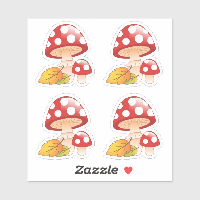 Red Cap Toadstool Mushrooms with Leaves, Set of 4 (Sheet)