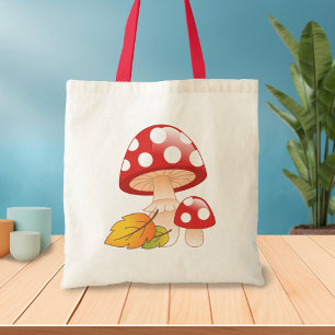 Red Cap Toadstool Mushrooms with Leaves Tote Bag