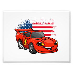 Red car american flag cartoon -Choose back color Photo Print